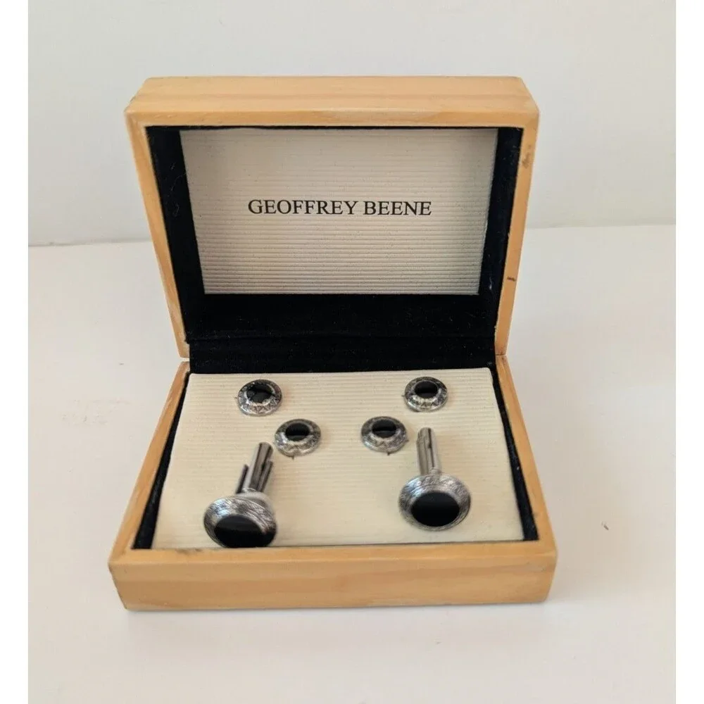 Geoffrey Beene Cuffinks & 4 Studs Dress Shirt Set Silver Plated & Black